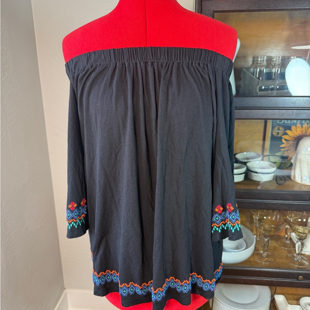LOFT Black Off Shoulder Rainbow Embroidered Boho Peasant Top Size L